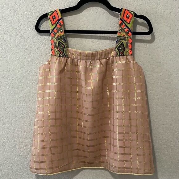 VINEET BAHL (Anthropologie) Sunlight Hours Tank Top, Pink/Gold Plaid, Size S - Picture 2 of 9